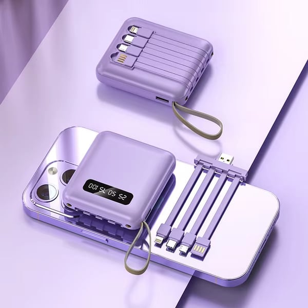 5000mAh Mini Power Bank Sisäänrakennetuilla Kaapeleilla | + Sisäänrakennettu Taskulamppu