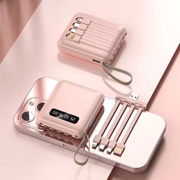 5000mAh Mini Power Bank Sisäänrakennetuilla Kaapeleilla | + Sisäänrakennettu Taskulamppu