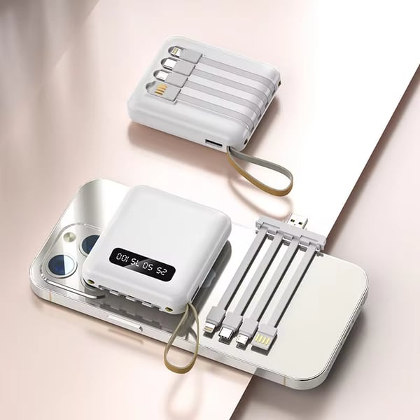 5000mAh Mini Power Bank Sisäänrakennetuilla Kaapeleilla | + Sisäänrakennettu Taskulamppu