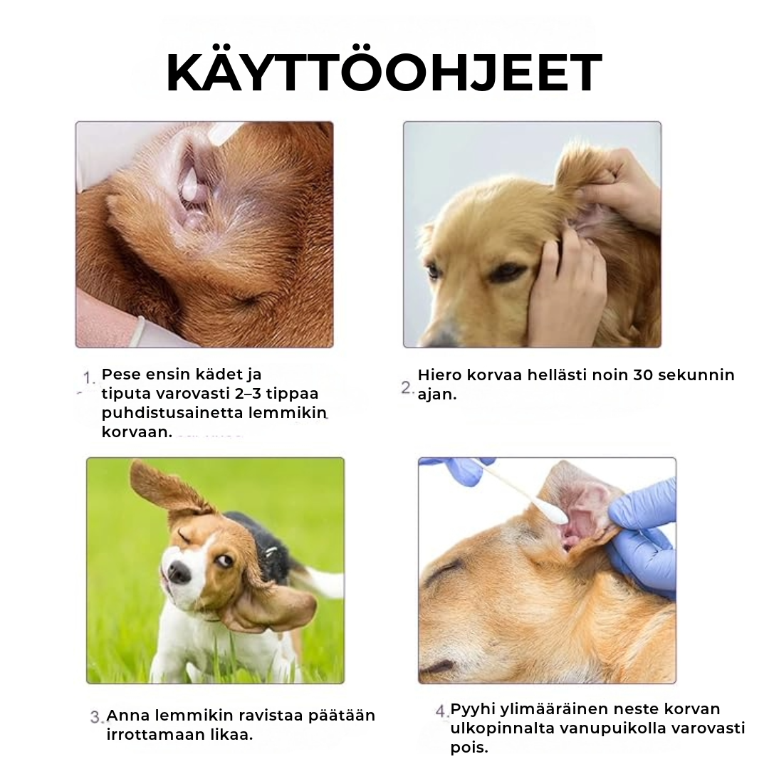Syväpuhdistava korvanpuhdistusaine lemmikeille