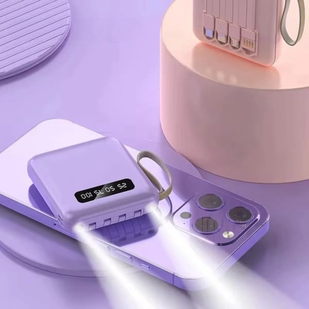 5000mAh Mini Power Bank Sisäänrakennetuilla Kaapeleilla | + Sisäänrakennettu Taskulamppu