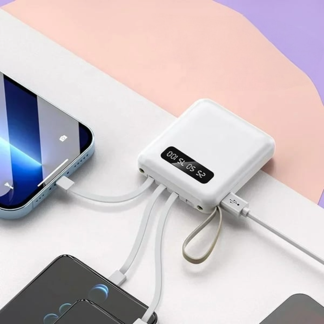 5000mAh Mini Power Bank Sisäänrakennetuilla Kaapeleilla | + Sisäänrakennettu Taskulamppu